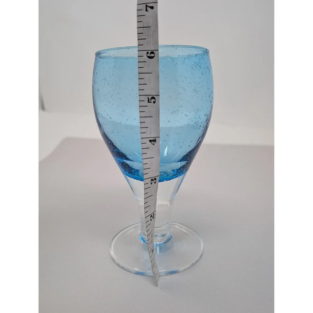Crate & Barrel Cabana Goblet Cup Hand Blown Blue Seeded Glass Stemmed‎ Artisan